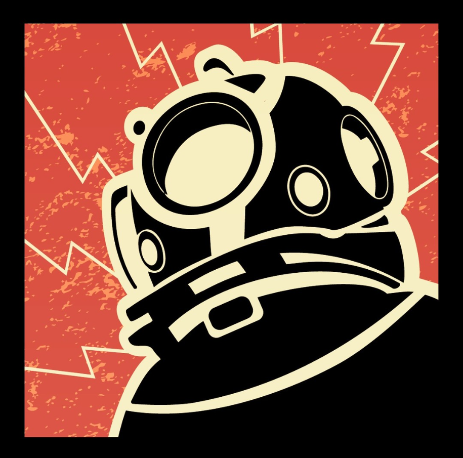 Logo de la banda Delve, mostrando un buzo con casco de buzo y rayos saliendo de él, en colores negro, blanco y rojo.